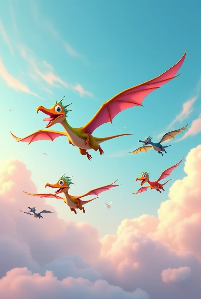 Many 3d cartoon Disney Pterodactyl dinosaurs fly in the sky