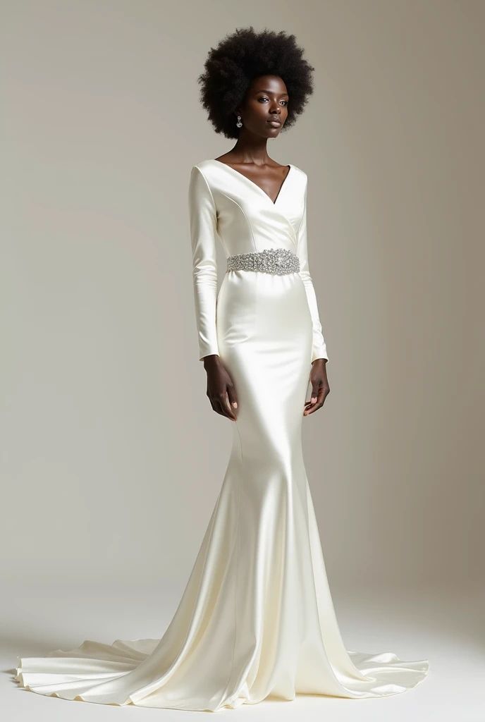 Bridal gown model: Haute Couture
Pearl silk satin (NO LACE)
Two long, fitted sleeves
Boat neck, going from one shoulder to the other at the same height
No cleavage
Fitted without being vulgar
Opens subtly into a mermaid tail
With a silver stone belt
(My dress has no lace)
Dress this dress on a 1,51 cm tall, 75kg black model with a round face.