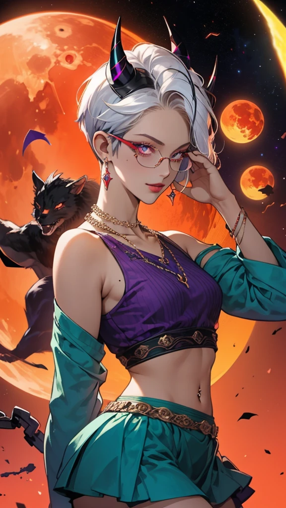 8k, masterpiece, best quality, highly detailed, 1 girl, tiefling, warlock, pixie cut, multicolored hair, very short straight hair red highlight hair on white hair, strippled hair, wearing glasses, round glasses, earrings, navel piercing, red eyeshadow, long eyelashes, blushed cheek, red lips, pearl necklace, rings, collarbone, mole on face, glamorous, teal and purple clothes, sleeveless, miniskirt, smirk, close up view, rings, looking at viewer, demon horns, solo, milky way, starry sky, blood red moon, standing, chains on the background.