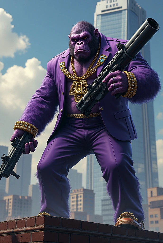 1 purple ape, on the roof of a building, With giant and high-caliber weapons, with gangster SUIT with chains, tattooed, with huge diamond and gold rings, smoking with a pipe, with the words in the sky that say "first drop"