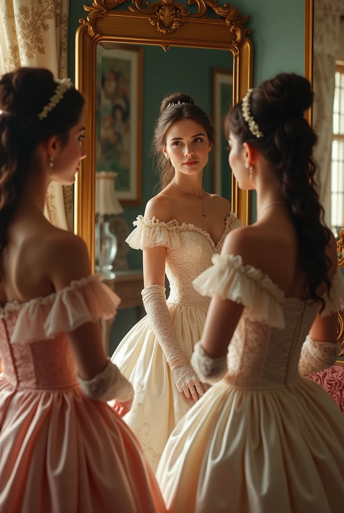 Victorian women in luminous dresses looking at a mirror