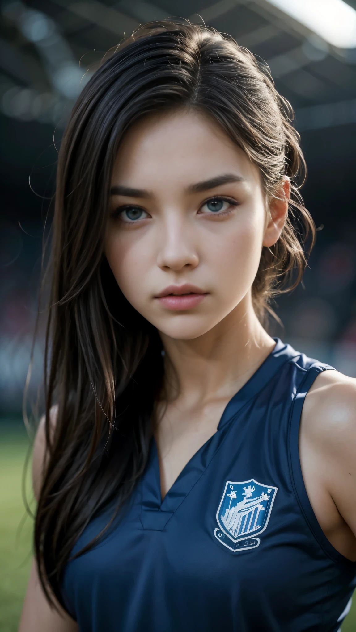 a team of sexy female soccer players, beautiful detailed eyes, beautiful detailed lips, extremely detailed eyes and face, long eyelashes, athletic bodies, blue uniforms, dynamic soccer poses, soccer field background, (best quality,4k,8k,highres,masterpiece:1.2),ultra-detailed,(realistic,photorealistic,photo-realistic:1.37),portrait, sports photography, vivid colors, dramatic lighting