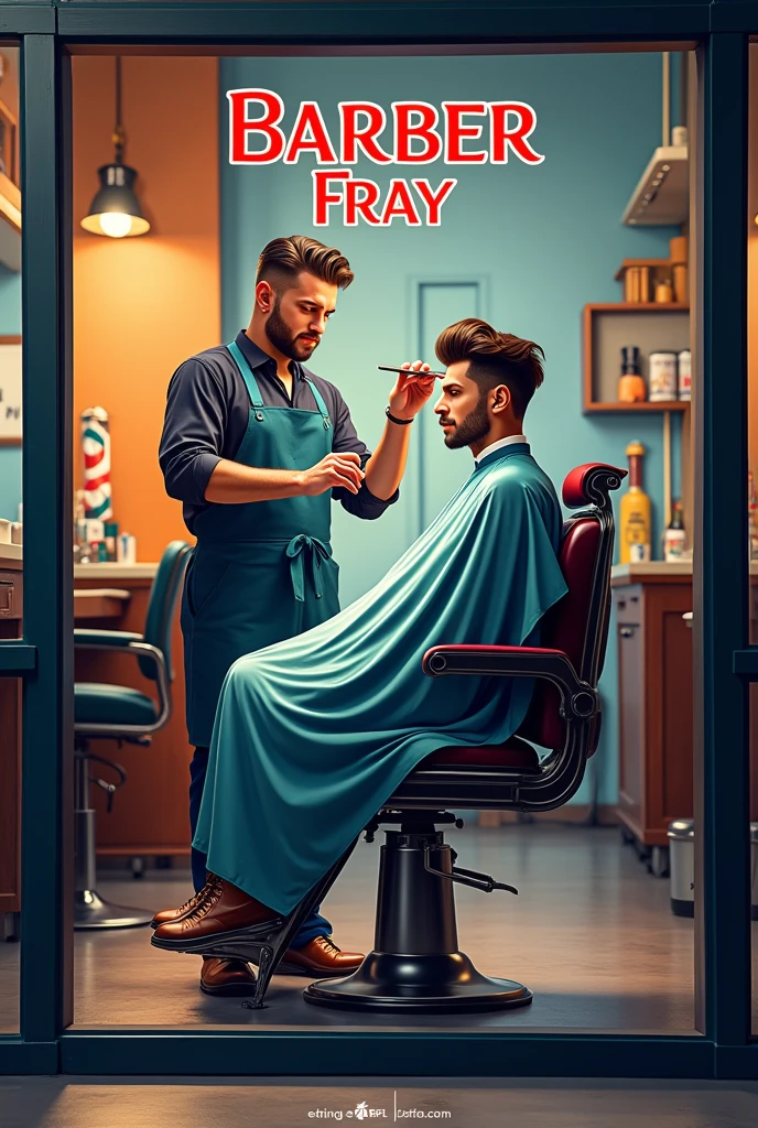 Necesito una imagen sobre un negocio que haré de una peluquería 💈 en mi escuela llamada barber Fray el cual contenga una Imagen sobre un Afiche sobre mi negocio llamado Barber Fray y que contenga la publicidad que son cortes de cabello para hombres 
