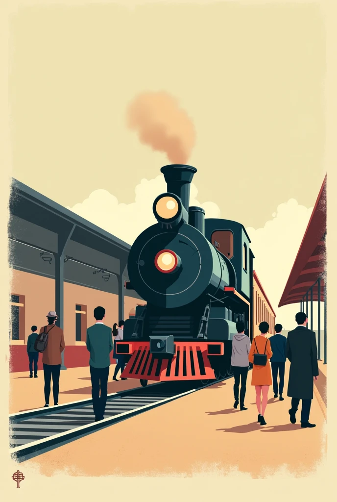 Retro Style,flat design,Some people are getting on the train.,locomotive,TRAIN STATION,Minimalist style,Non-realistic style,Stamp design