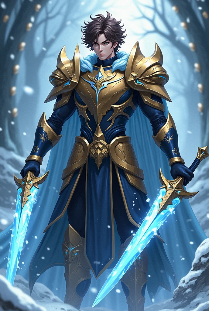 Anime Guy, curly hair, slightly brown skin, ice king light blue theme. Dark brown eyes, God of war and ice swords, b gold royal armor with black snow blue details . evil face,