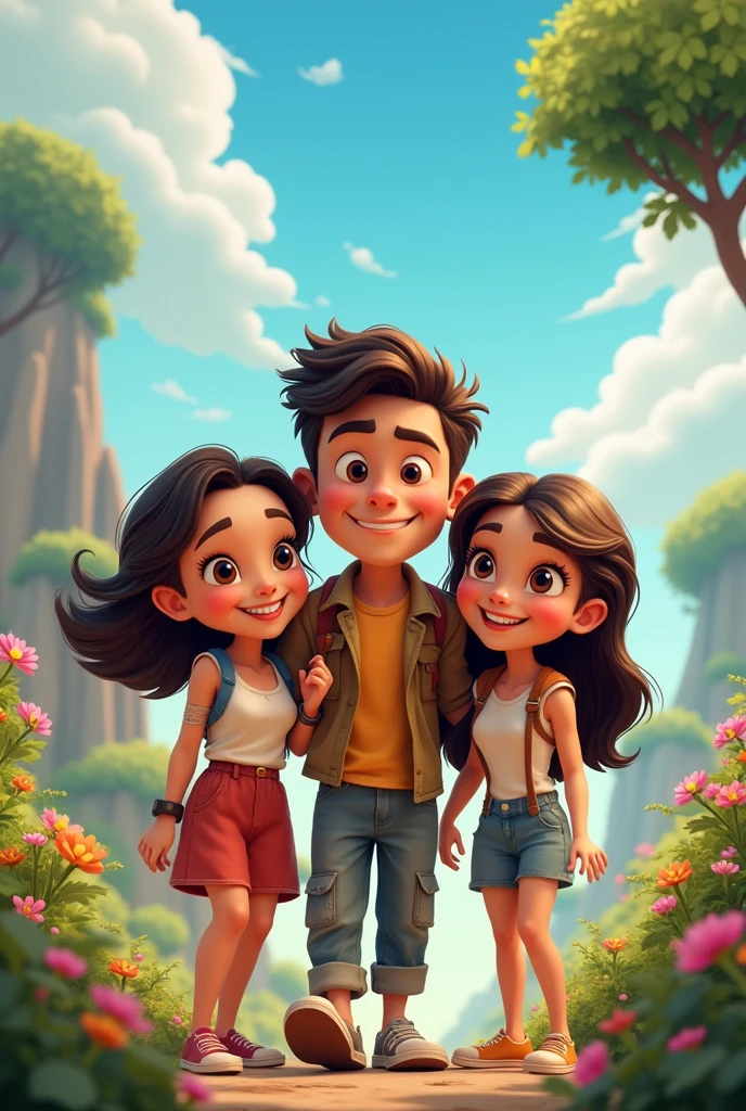 3 friends, 1 man and 2 women, one with wavy hair and the other with a ponytail, in the style of animated characters, going on Disney-style adventures.