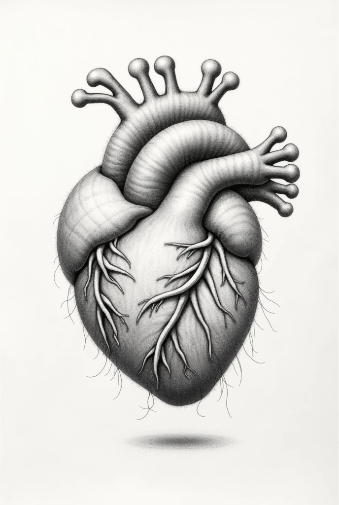 Drawing of a ball of wool in the shape of an anatomical heart