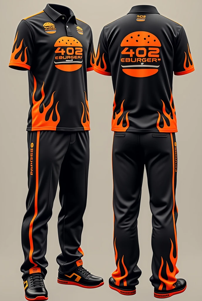 Design a complete uniform for a burger restaurant with the 402burger logo in black and orange with a polo-style t-shirt and jogger pants that are creative, urban and disruptive with creative designs and flames on the sweatshirt and t-shirt and a cap
