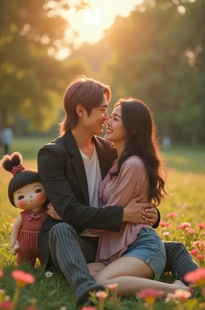 full body) Asian male couple with medium length mauve mullet haircut wearing a suit jacket and Asian female with long hair style, wearing striped pants,short jeans,pashmina,sneakers) they are sitting hugging smiling with open eyes with a large doll in the park and flowers capturing the romantic with soft and romantic light reflection looking natural. 35k resolution full HD., photo