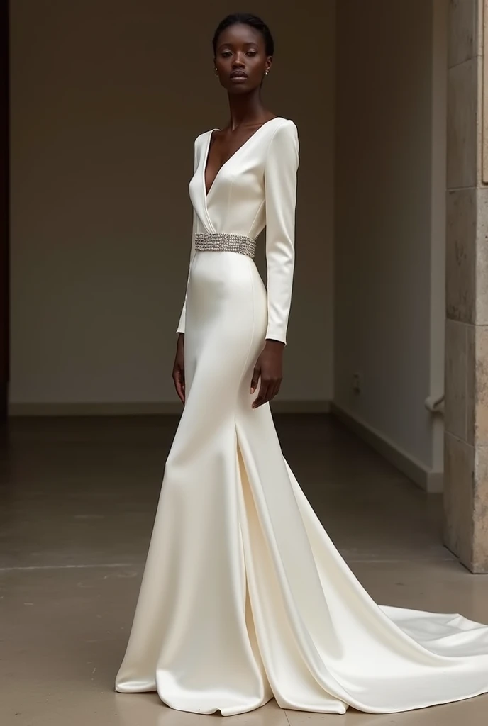 Bridal gown model: Haute Couture
Pearl silk satin (NO LACE)
Two fitted long sleeves
Boat neck going from one shoulder to the other at the same height
No neckline
Fitted without being vulgar
Subtly opens into a mermaid tail
With a thin elegant stone belt
(My dress has no lace)
Dress this dress on a 1,51 cm tall, 75kg black model with a round face.