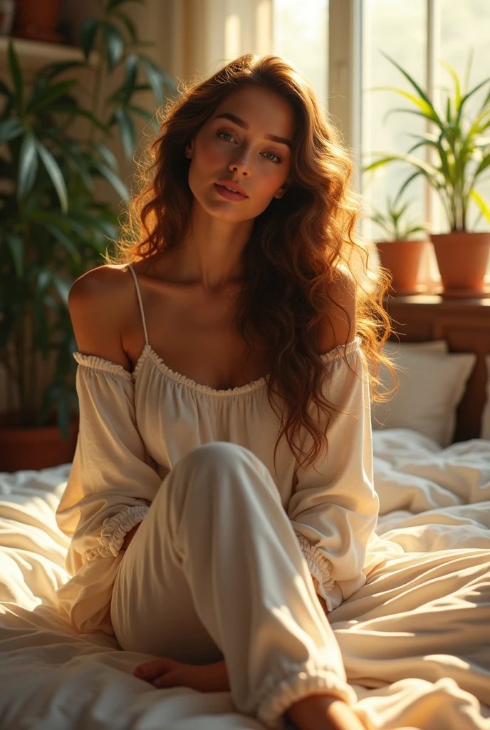 (photorealism:1.2), beautiful woman, sitting on bed, wearing loose off-shoulder top, pajama pants, long curly hair, indoors, soft lighting, plants in background, window with sunlight, cozy room, relaxed pose, realistic, intricate details, warm colors, by Greg Rutkowski, by Alphonse Mucha