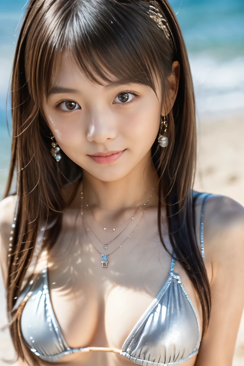 Masterpiece, 8K, Best Quality, UHD, Photorealistic, Raw Photo, (1girl), High Detailed, Detailed face, Detailed hair, Beautiful hair, bangs, (Detailed eyes), (Detailed skin), Realistic skin,  (slim figure), (medium breast:0.5), (A very beautiful and cute Japanese girl with a gentle expression), BREAK 22yo, 

( wearing a silver bikini ), Earrings, necklaces, bracelets, sandals, 
cute Japanese girl, pretty Japanese girl, on the beach, walking