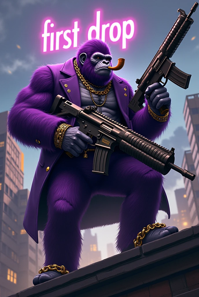 1 purple ape, on the roof of a building, With giant and high-caliber weapons, with gangster SUIT with chains, tattooed, with huge diamond and gold rings, smoking with a pipe, with the words in the sky that say "first drop"