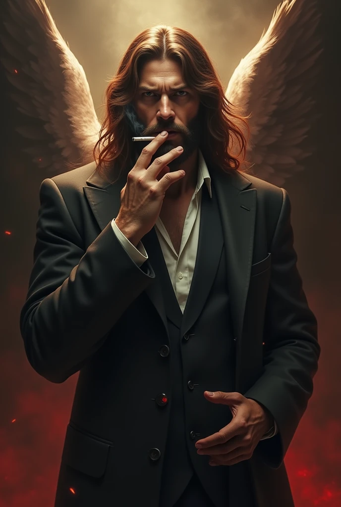 Lucifer smoking a cigarette with the appearance of Jesus Christ in a suit