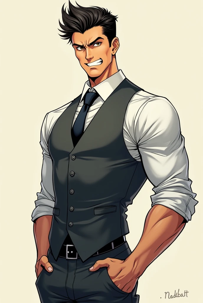The atmosphere is like a shonen manga、A full-body illustration of a slender, muscular male dealer with a condescending expression.、He is wearing a white shirt, vest, and tie.