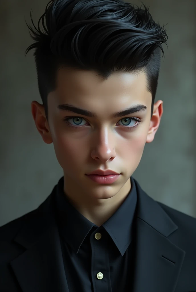 handsome boy, blue eyes, black hair, high