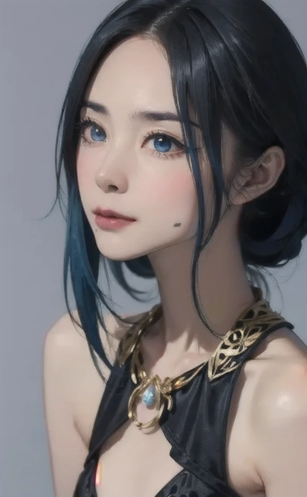 (masterpiece:1.4, Highest quality), (Intricate details), unity 8k wallpaper, Super detailed, beautifully、aesthetic, Perfect lighting, (One person), (Blue Hair, blue eye, Medium chest),, Dynamic pose, Dynamic Angle, lipstick, slim, slim body, Medium chest, , Detailed Background, Realistic, alone, Face in perfect detail, detailed eye, Very detailed, blush, hair ornaments, rolling_eye, squint,