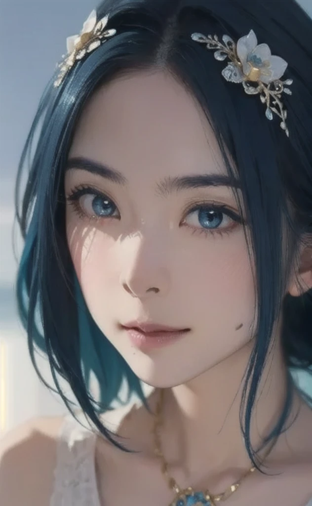 (masterpiece:1.4, Highest quality), (Intricate details), unity 8k wallpaper, Super detailed, beautifully、aesthetic, Perfect lighting, (One person), (Blue Hair, blue eye, Medium chest),, Dynamic pose, Dynamic Angle,  lipstick, slim, slim body, Medium chest, , Detailed Background, Realistic, alone, Face in perfect detail, detailed eye, Very detailed, blush, hair ornaments, rolling_eye, squint,