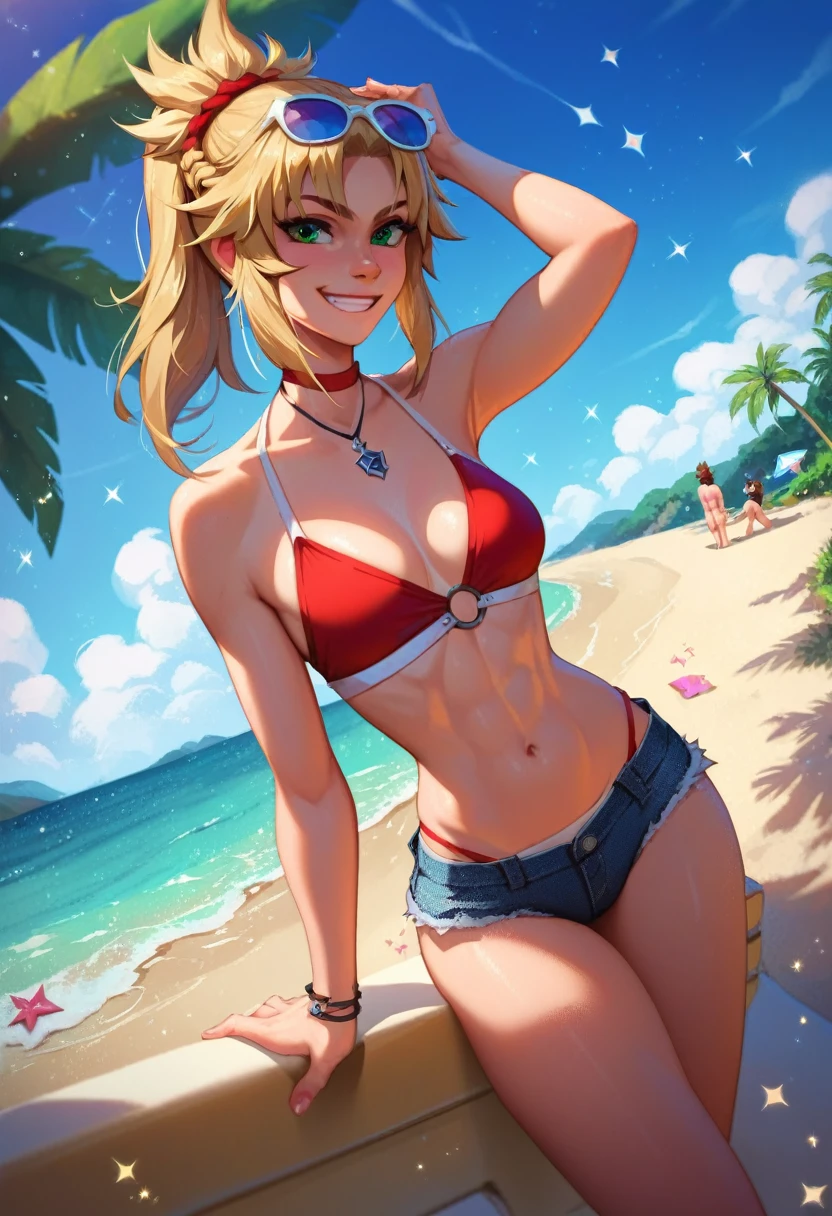 Mordred Summer, sparkles, beach setting, night, genuine smile 