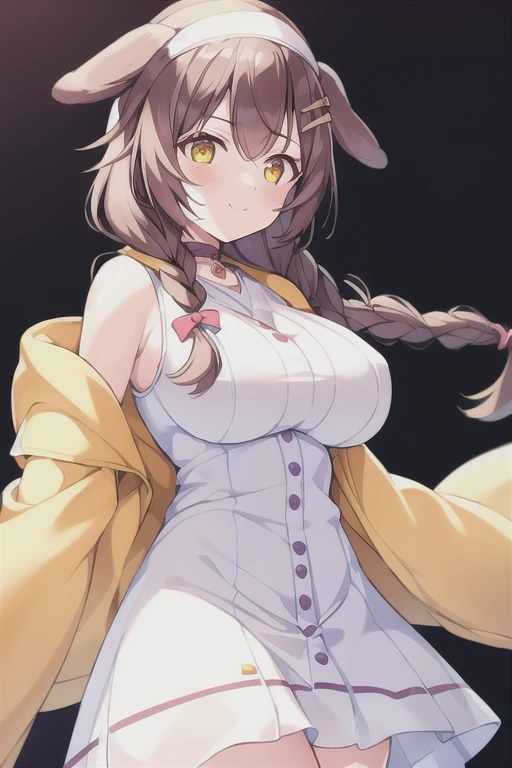 1girl, Korone, smile, dog ears, twin braids, sidelocks, hair ornament, ((white dress)), yellow jacket, dress, jacket, open clothes, open jacket, short dress, sleeveless dress, huge breasts, thick thighs, tall, tall female, mature female, bandana, scarf, hourglass figure, arms behind back, standing, ((arms behind back))