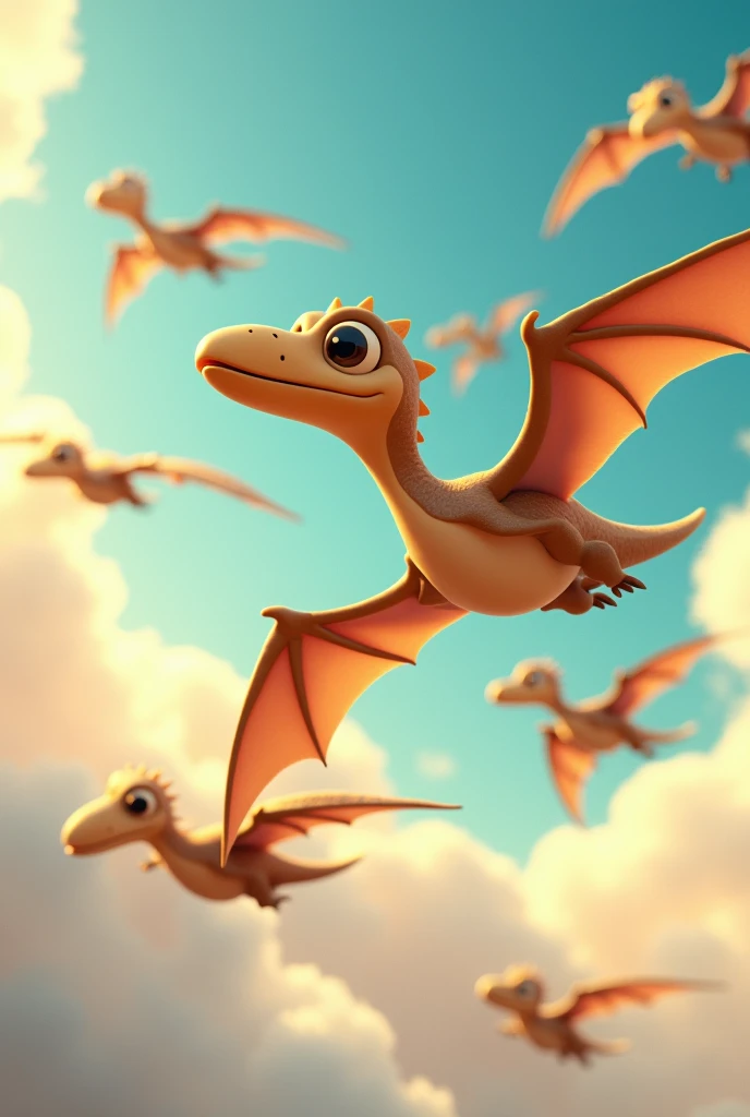 Many Pterodactyl Dinosaurs 3d cartoon type like disney pixar cartoon. flying in the sky