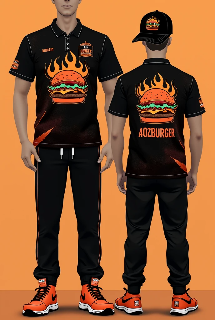 Design a complete uniform for a burger restaurant with the 402burger logo in black and orange with a polo-style t-shirt and jogger pants that are creative, urban and disruptive with creative designs and flames on the sweatshirt and t-shirt and a cap