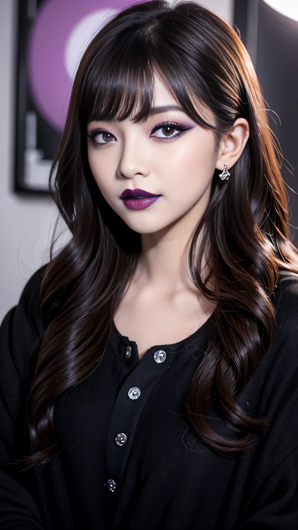 best quality、ultra-detailed、8k、Japanese、Seductive beauty、seductive adult woman、Pretty Woman、cool girl、smirk、Wicked Smile、Villainess、brainwash makeup、brainwash、Fallen into evil、Evil look、evil、Brown hair、wavy hair、swept bangs、dark makeup、piercing eyes、hollow eyes,half-closed eyes、Hollow Eyes、purple Eyeshadow、black lipstick、black lipglos、Purple Eyeshadow、black lipstick、black lip gloss、Dark Makeup、smirk、Whisper in my ear、night、inside darkroom、Kiss、I have lipstick、Are standing、Look、Offer、shoot from below