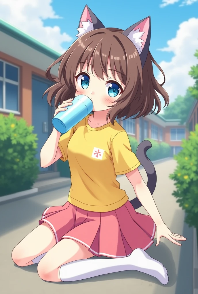 Anime girl with brown hair,gray cat ears, yellow t-shirt, pink skirt, white long socks with blue eyes drinking water in a school