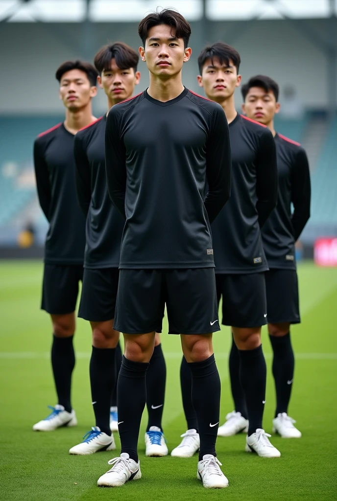 Korean male soccer players, Black Long Sleeve T-Shirt, Black Soccer Shorts, Sneakers, And black socks up to the knees.
