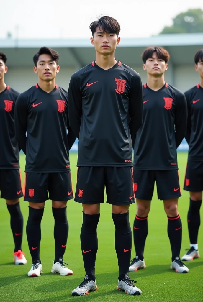 Korean male soccer players, Black Long Sleeve T-Shirt, Black Soccer Shorts, Sneakers, And black socks up to the knees.
