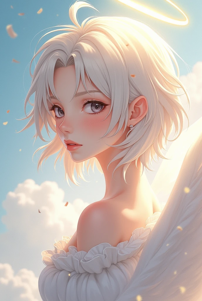 An angel with short hair, in the style of anime