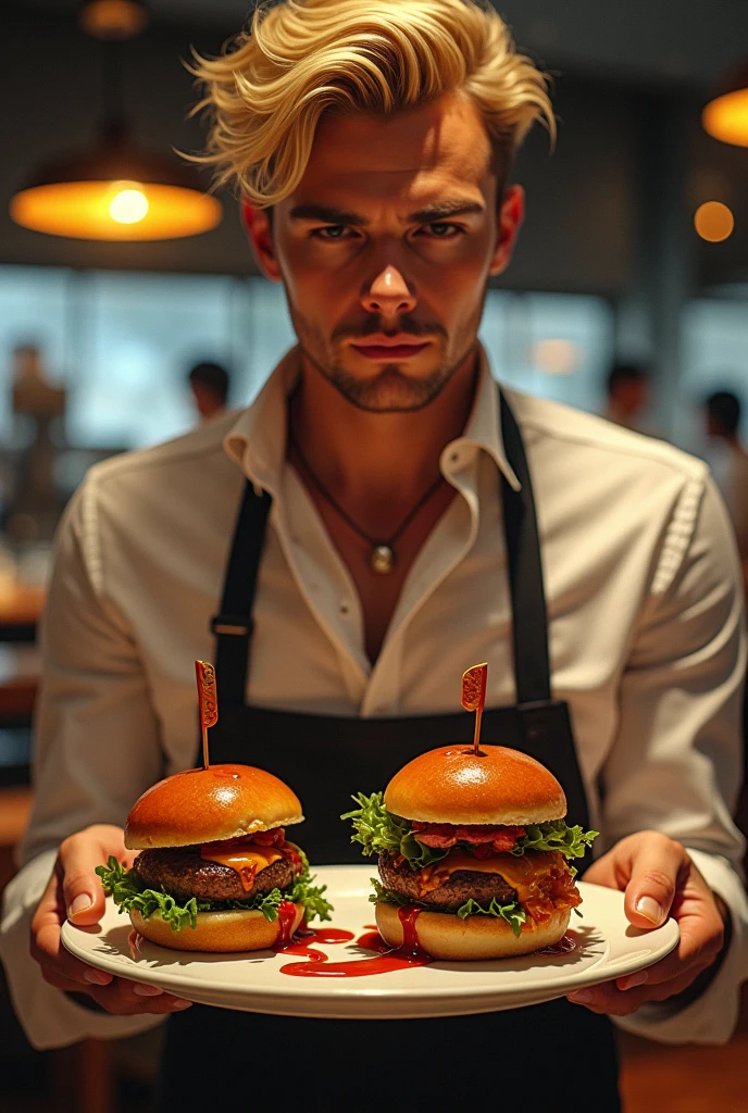 Blonde man eating a hamburger , BBQ sauce dripping, serving burgers, intrikate, chic, highy detailed, digitalpainting, art station, conceptual artwork, mattey, sharp focus, hyper-real, arte de artgerm y greg rutkowski y alphonse mucha