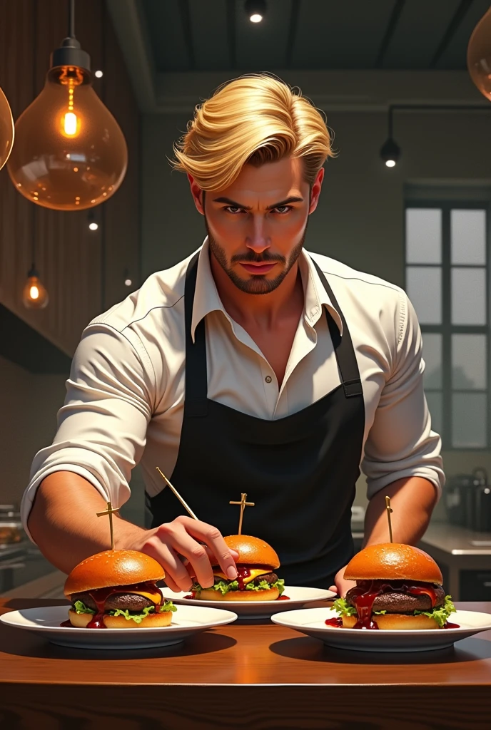 Blonde man eating a hamburger , BBQ sauce dripping, serving burgers, intrikate, chic, highy detailed, digitalpainting, art station, conceptual artwork, mattey, sharp focus, hyper-real, arte de artgerm y greg rutkowski y alphonse mucha
