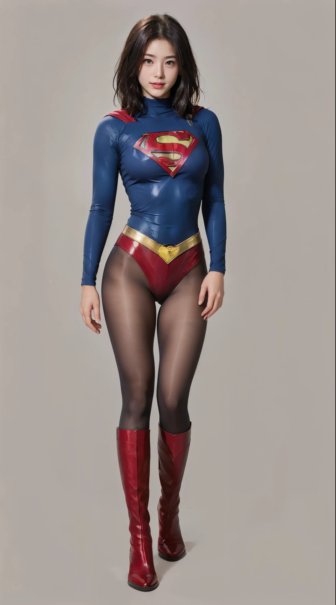 No background、(((Bowing the head、Looking down)))、(((Beautiful legs in black tights.)))、(((Legally express the beauty of your smile)))、((((Make the most of your original images)))、(((Supergirl Costume)))、(((Beautiful short bob hair)))、(((suffering)))、(((Please wear black tights....、Wear red boots)))、((Best image quality、8k))、((Highest quality、8k、masterpiece:1.3))、(((Preserve background )))、Sharp focus:1.2、Beautiful woman with perfect figure:1.4、Slim Abs:1.2、Wet body:1.5、Highly detailed face and skin texture、8k