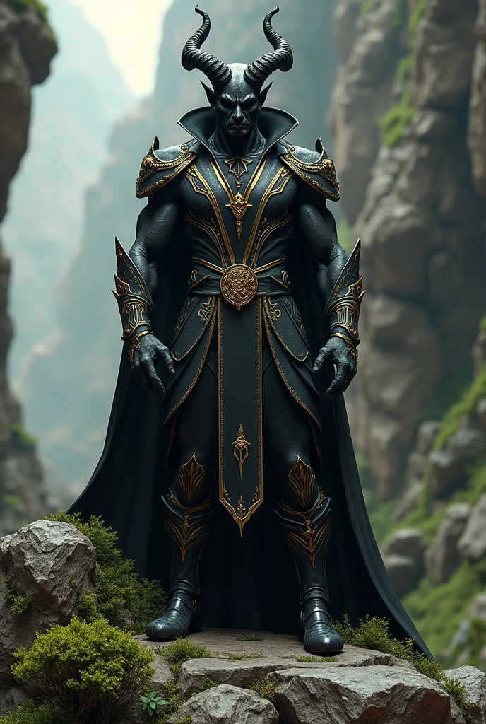 Make a demon with hunter clothes in black with gold, How about a rock pile with plants, on his clothes he has a badge that says hunter