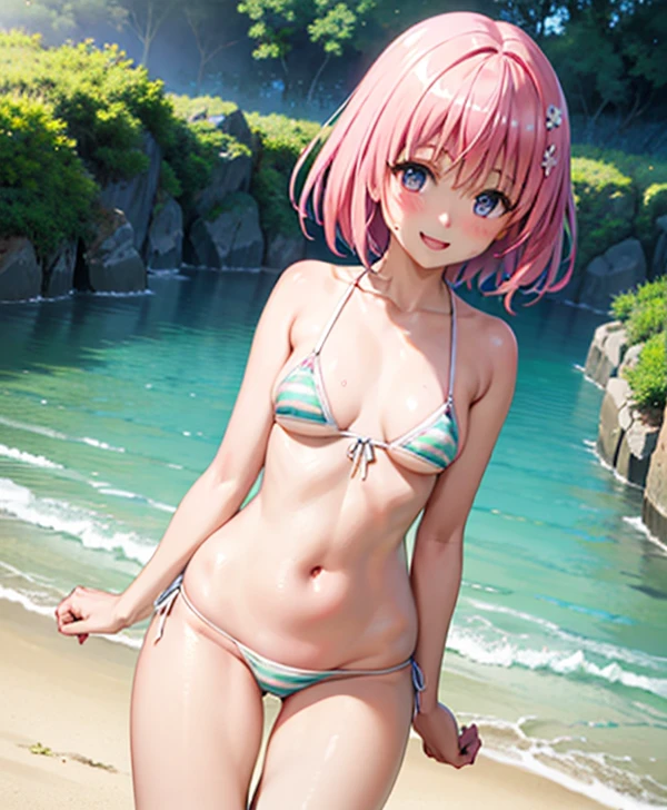 (Highest quality), (masterpiece), high resolution, Realistic texture, close,Beach、Extremely small sexy micro bikini
, momo velia deviluke, Playing innocently、hair ornaments, Bobcut, Short Hair Pink Hair,, (Big Breasts), , , (blush:1.2), smile,smile、Open your mouth
、On all fours、Shooting from behind、looking at the camera、whole body、Emphasize the chest