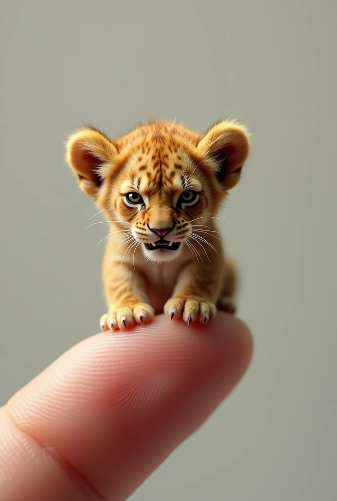 Photorealistic, 8k, Micro Tiny **** [angry lion] perched on a human finger