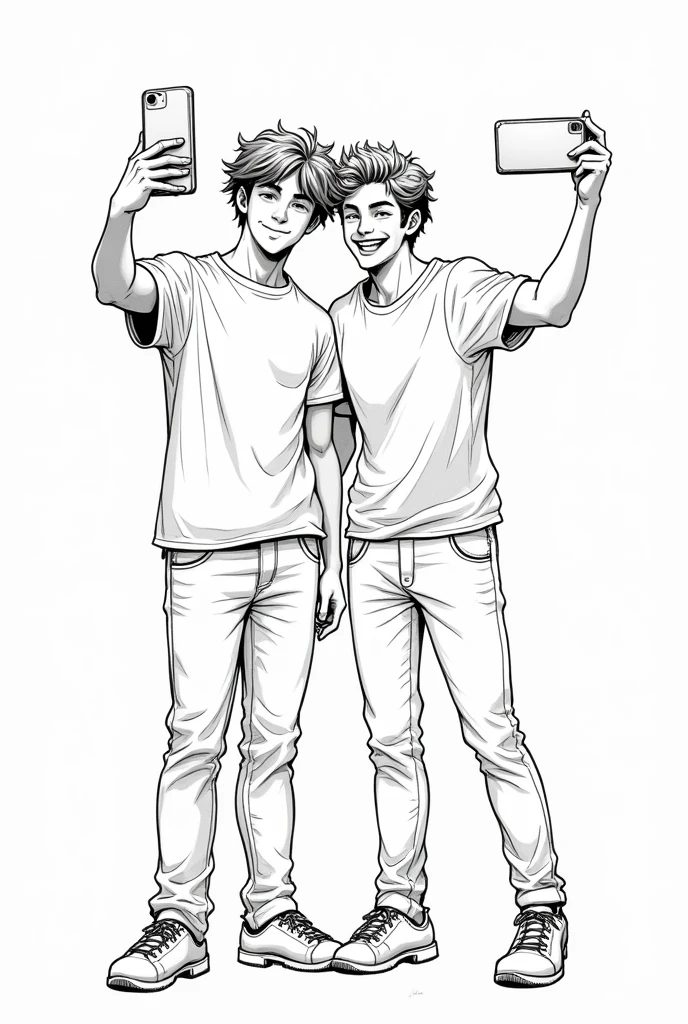 manga style sketch (black and white) of two male friends taking a selfie. selfie sketch
