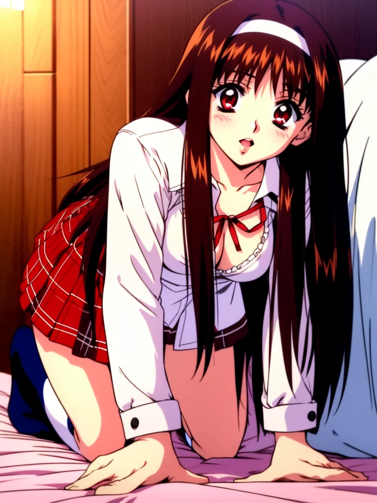 Yuuki Mizuho, One person, alone, Long Hair, hair band, Brown Hair, skirt, Red eyes, Plaid, Striped, ribbon, Open your mouth, Plaid skirt, blush, Lips parted, liar, On the bed,On all fours,On all foursになって,To the audience,Cleavage, From below, retro artstyle, Long sleeve, White shirt,No pants,White knee socks, Lack of shoes, 1990s (style), red skirt masterpiece, expensive quality, very_expensive_solve, big_file size, Full Color,(nup, plunging necklines:1.2)