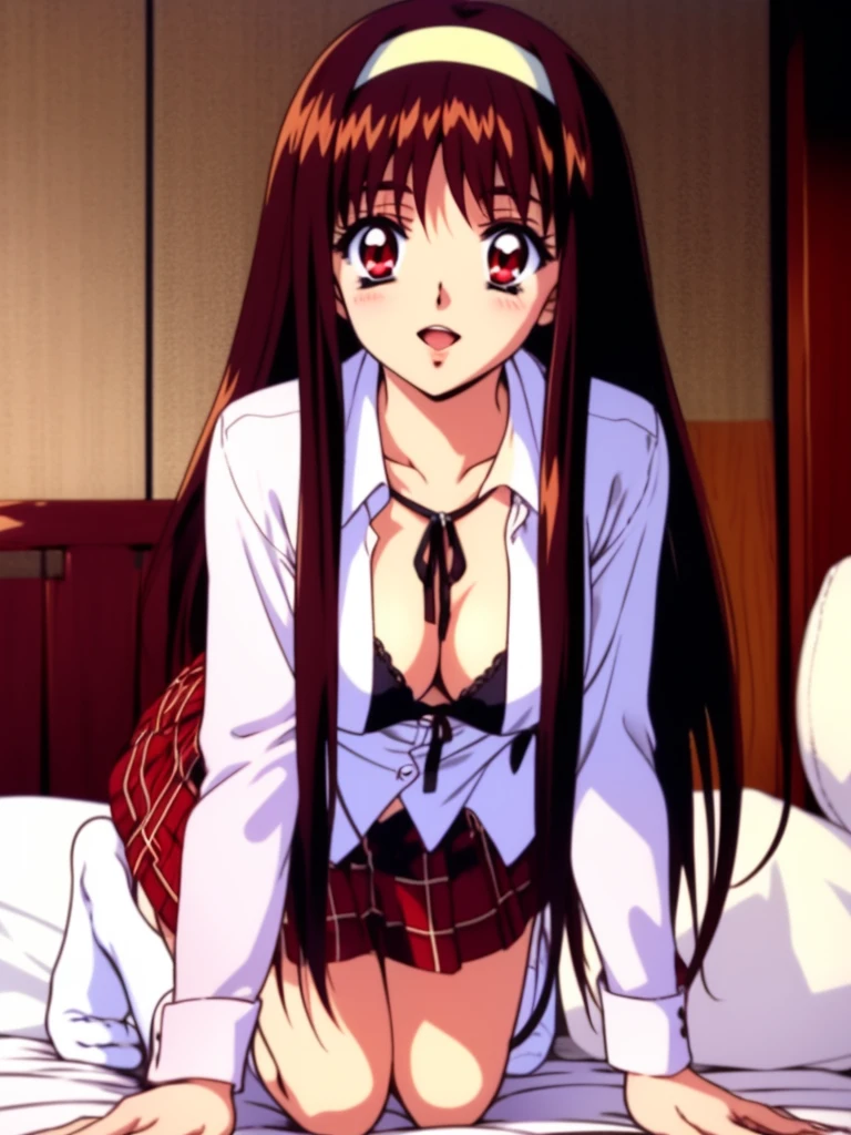 Yuuki Mizuho, One person, alone, Long Hair, hair band, Brown Hair, Red eyes, Open your mouth, blush, Lips parted, liar, ((Sitting on the bed looking at the viewer)) , Pink Bed, From below, No pants,Long sleeve, White shirt, White Bra,White pants, White knee socks, Lack of shoes, 1990s (style), expensive quality, very_expensive_solve, big_file size, Full Color, (skirt lift:1.3), (from bottom:1.3),nsfw,(bottomless:1.4),( bare pussy:1.4),pussy line, pants taken off, panties, (panty pull:1.3),panties, pulled down to knees,(pussy peek:1.3),