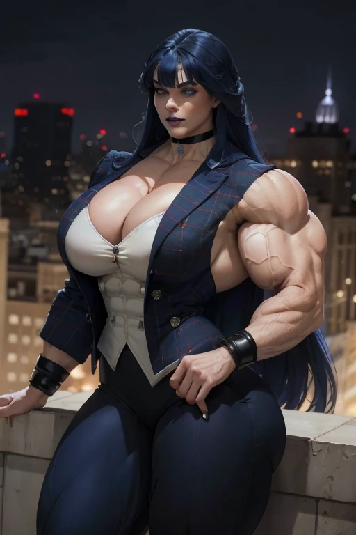((Close-up)), tall, (royal blue hair) beautiful muscular woman, long hair with long bangs, pale white skinned, closed smile, large , (black lipstick), (massive muscles), (hyper muscle), (ginormous bulky muscles), white eyes, (((royal blue tweed suit with pants))), ((double breastket)), blue bracelets, choker, high heels, on the rooftop at night, 
