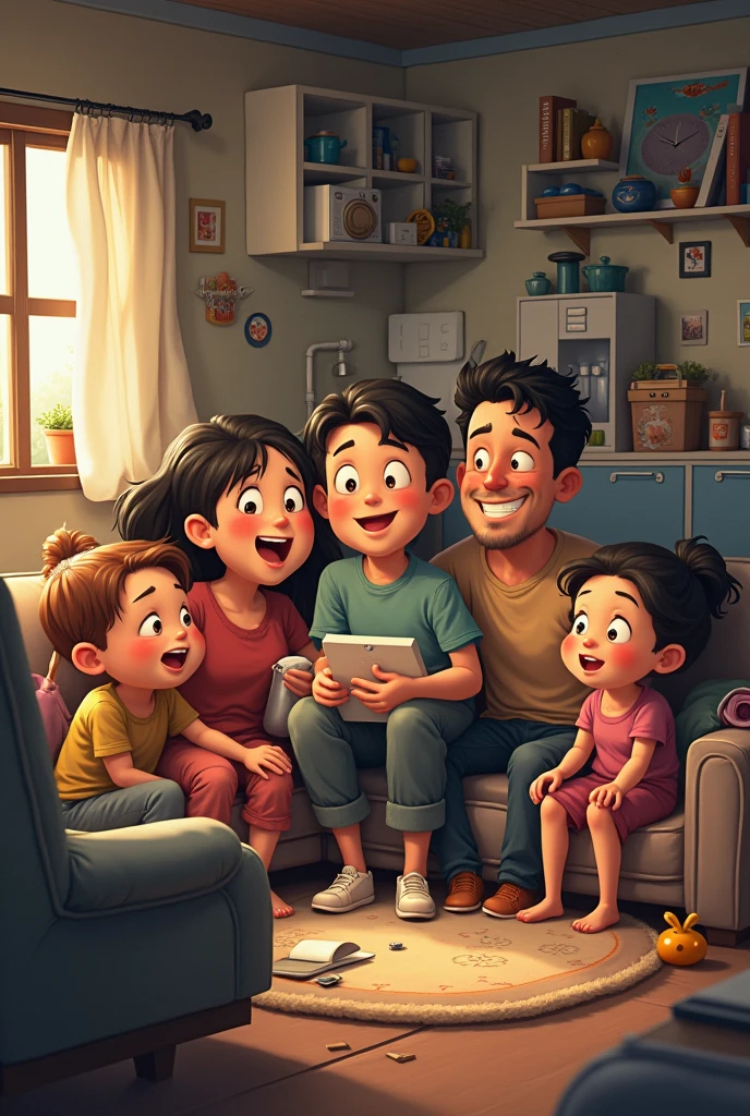 Family crowded in a room where the father, the mother and the three children are in a room that has a kitchen, bathroom, sofa and beds all together, The previous image is fine but a sofa bed should appear
