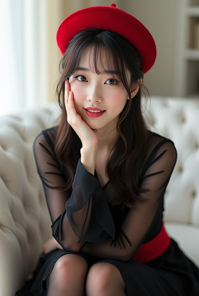 A woman wearing a red hat is sitting on a white sofa。, Black Stockings, Cute and elegant pose, Asian women in Arafe, Shirahime cut hairstyle, Neat hair with bangs, Kurohime cut hair, Cute - Beautiful face, Ulzzang, Beautiful Japanese Face, Cute - Beautiful - Face, Center-parted bangs, Brown hair and bangs, Brown hair with bangs, Korean, Graceful smile pose, korean female fashion model, Velvet Stockings, Black and red silk clothing, かわいいKorean女優, In a dress, Dressed in red velvet