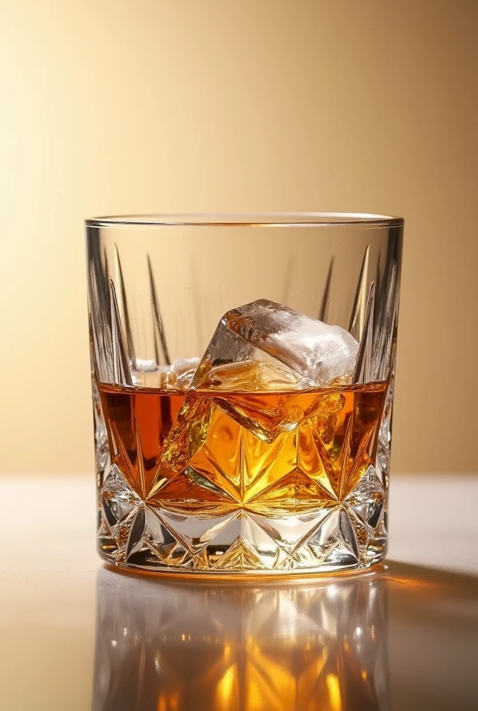 short glass of wiskey with many cristal details and ice taking a realistic photo with beige background