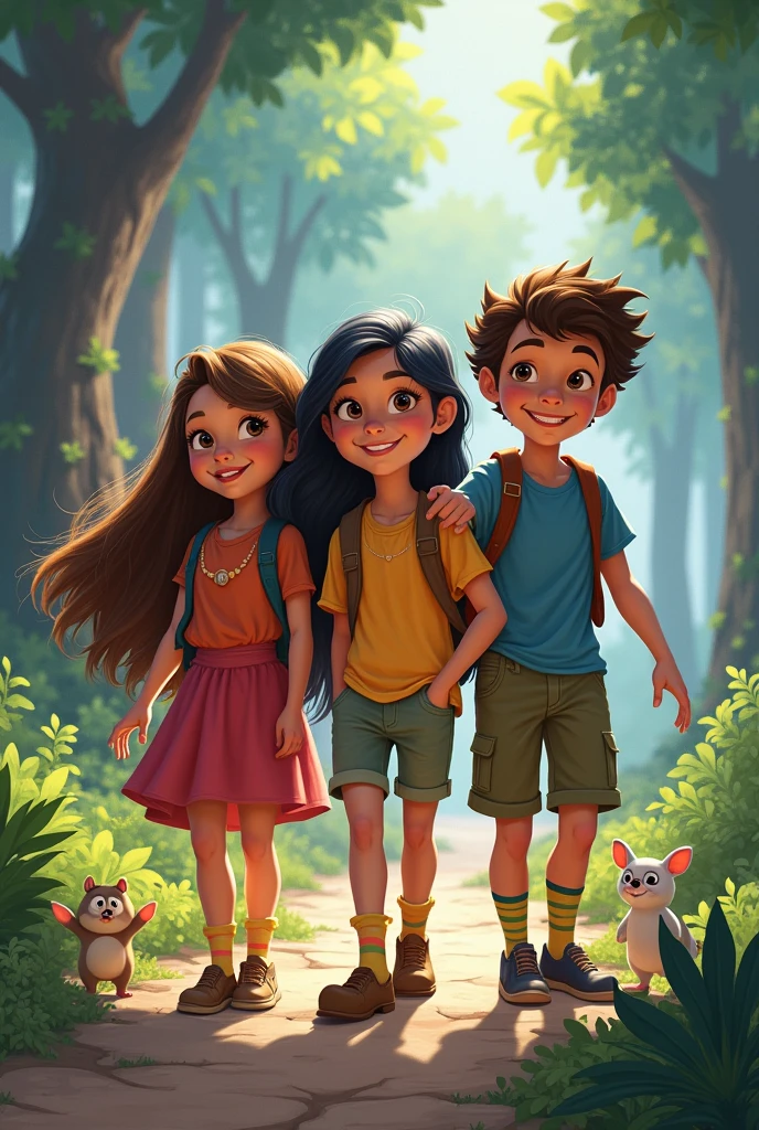 Create 3 adventure friends, 2 women and 1 man, children's Disney characters