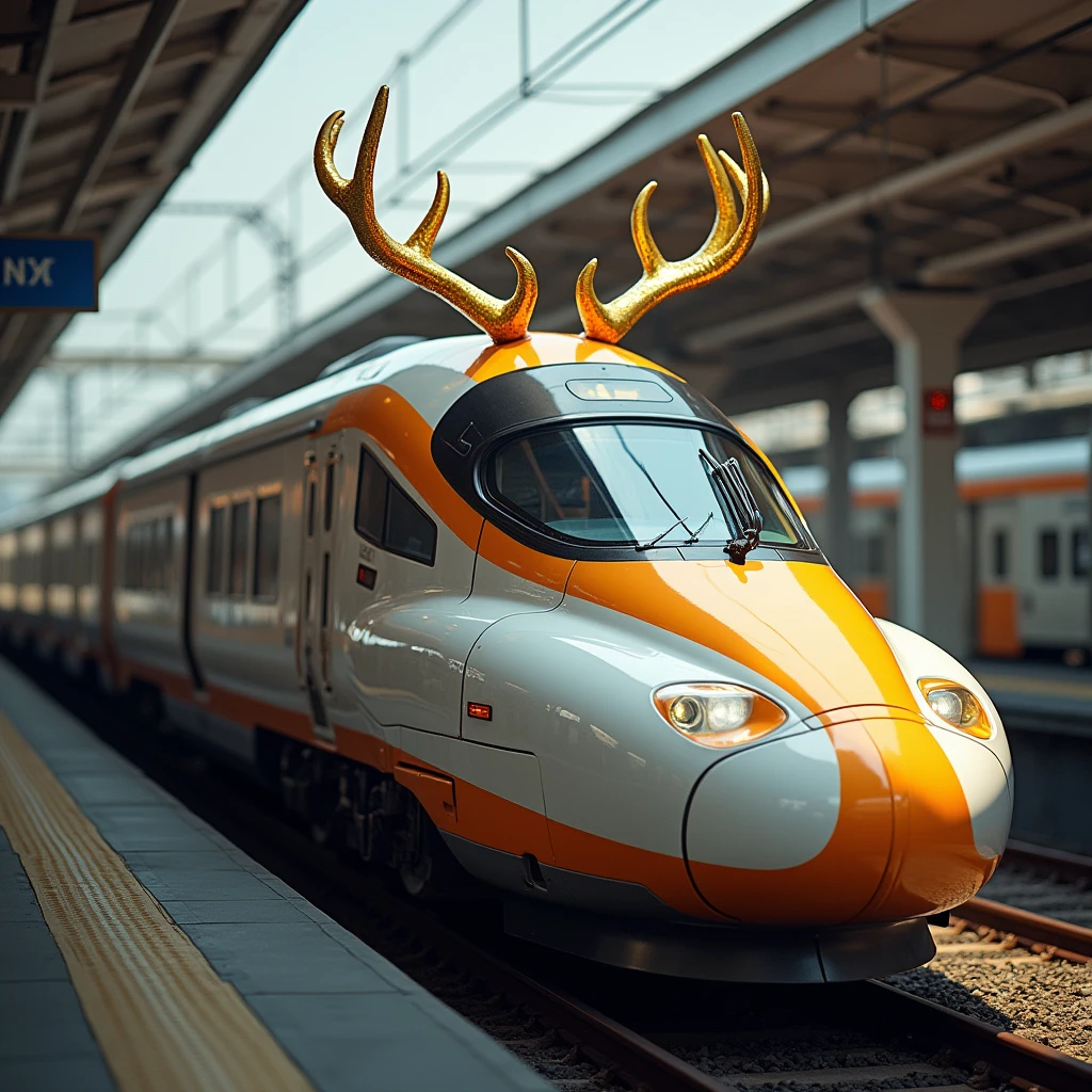 A cool Shinkansen with golden horns that resemble those of a deer
