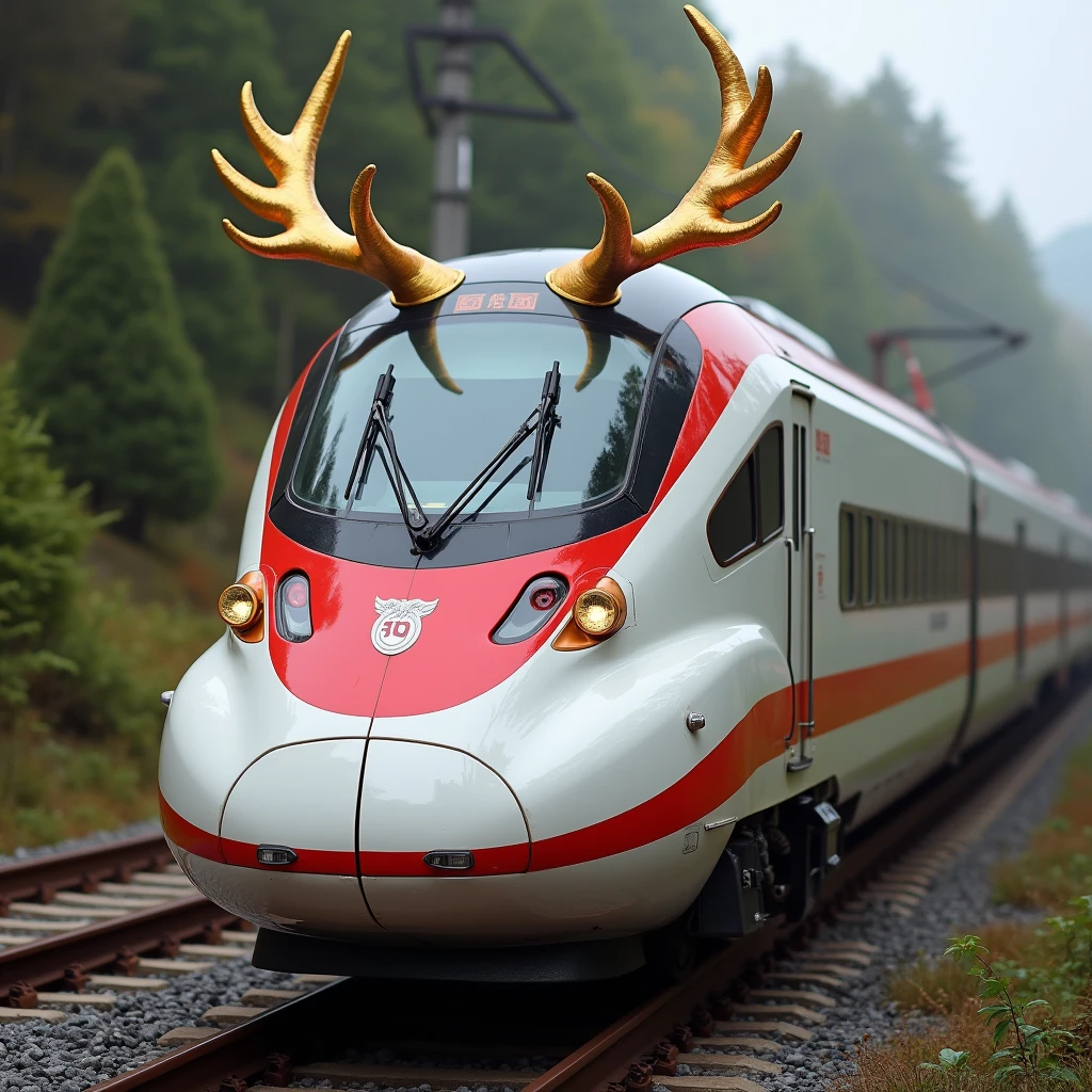 A cool Shinkansen with golden horns that resemble those of a deer