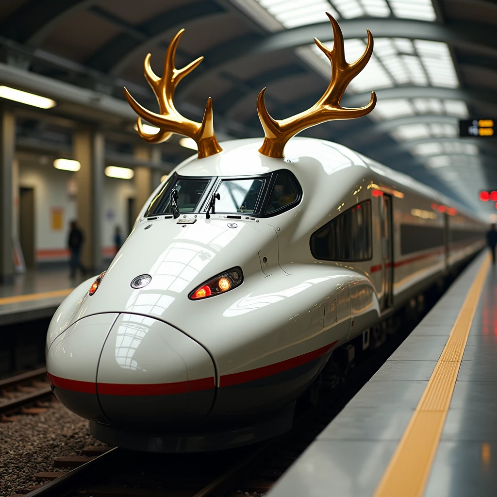 A cool Shinkansen with golden horns that resemble those of a deer
