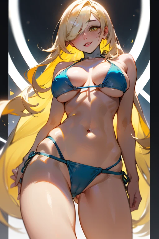 (masterpiece), Highest quality, Very detailed, One person (Ramping, Slender and sexy body, large and clean breasts, blonde_hair, very long hair (hair over one eye:1.3), Yellow Eyes, Half-closed eyes), Fascinating face,  Wicked Smile, Lips parted, alone, Cleavage, belly button,   Are standing, Seduce your sexy waist 、 ((Transparent Bikini))、Exposed thighs、Cameltoe、Shoulders out　belly buttonまんこ　A composition looking down on what is below　