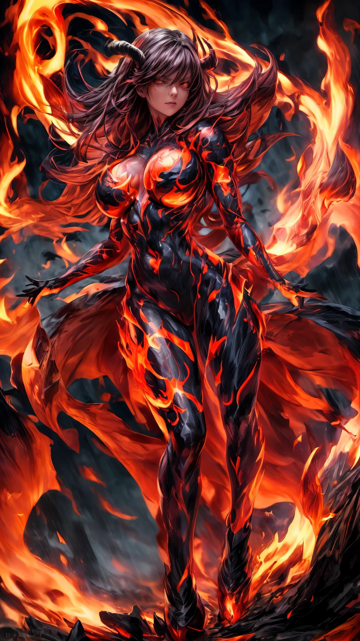 Storyboard, masterpiece, highest quality, dragonlady queen, perfect demoness, bright red glowing eyes, detailed eyes (1.4), scars on face, villainous expression, flaming skin body with bioluminescent glowing pattern, ready for battle, blurred stormy background, dark atmosphere, lighting in background,full body, fisheye lens 